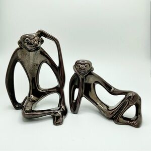 Mid-Century Modern Reclining Monkey/Sloth Ceramic Sculptures - Iridescent brown